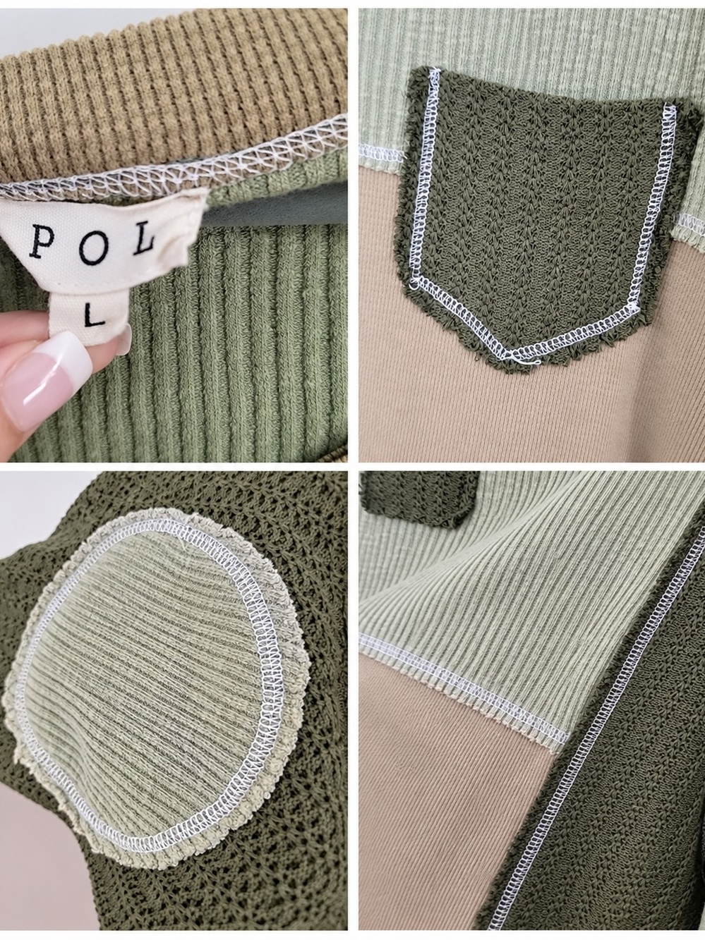 POL Size Large Patchwork Waffle Knit V-Neck Top Olive Sage Boho Oversized - Picture 4 of 5